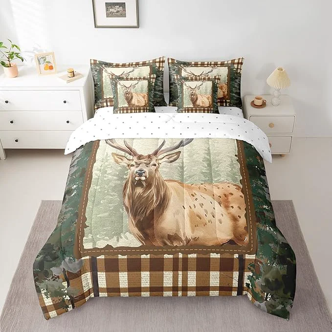 Durable Elk Deer Bed in a Bag King Size Comforter Set 7 Pieces Woodland Animals Bedding Sets Ombre Camouflage Sheet Set with Comforter Modern