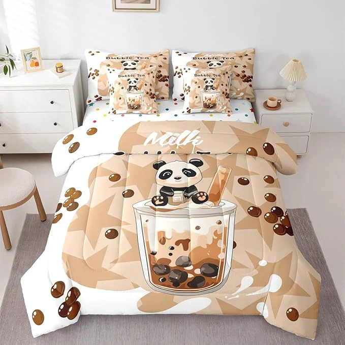 Specialty 7 Pcs Cartoon Bubble Milk Tea Bedding Sets with Sheets Comforter Pillowcases Pillow Covers Khaki Stars Lovely Milk Graffiti Decor Comforter Set for Kids Boys Girls Teens Bedroom Dorm Bed Set King Size Responsible