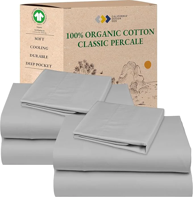 Official California Design Den 2-Pack Twin XL Sheets Set – Organic Cotton Percale Sheets Deep Pockets Crisp Breathable and Lightweight Bedding Set – Light Grey Practical