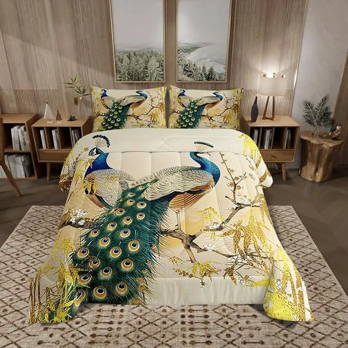 Next-Generation Castle Fairy Vintage Peacock Bedding Set King Size Japanese Style Comforter Set for Kids Teens Room Decor Wild Birds Animal Duvet Insert Golden Leaves Down Comforter Set with 2 Pillowcases Original Design