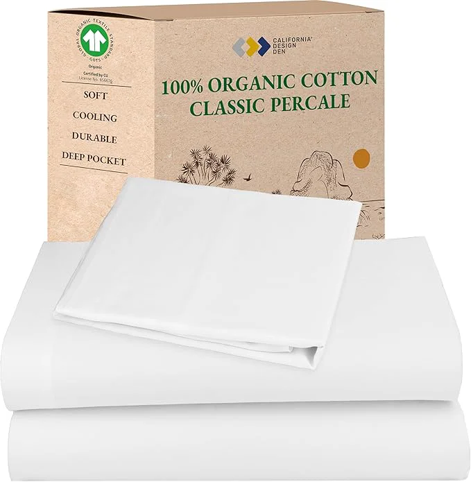 Reusable California Design Den Twin Sheets Set – Soft Organic Cotton Sheets with Deep Pockets Crisp Percale Breathable and Durable Bedding Set – White Fast
