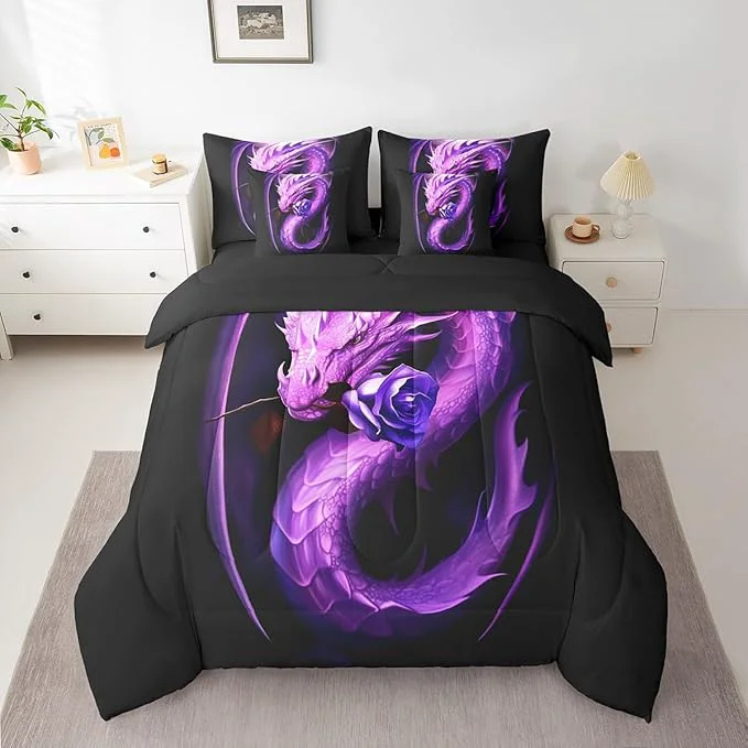 Smart Erosebridal Gothic Dragon Comforter Set 7 Piece Bed in a Bag Twin Purple Rose Bedding Sets Prehistoric Animal Flowers Sheet Set with Comforter Consistent