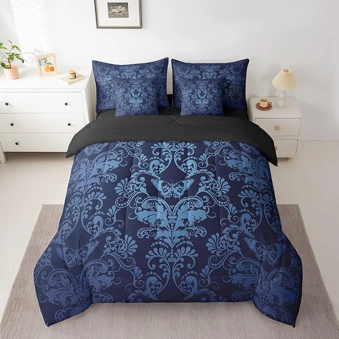 Original Design Erosebridal Gothic Damask 7 Piece Comforter Set Full Bed in a Bag Butterfly Skull Bedding Sets Blue Victorian Floral Goth Sheet Set with Comforter User-Friendly