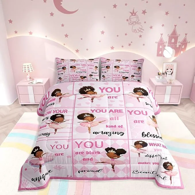 Authentic Castle Fairy Kawaii Girly Ballet Comforter Set King Size American Style Princess Bedding Set Bedroom Decor Motivational Quotes Quilt Set for Kids Girls Pink Artistic Dancer Duvet Insert 3Pcs Superior