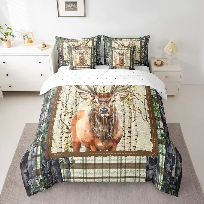 Durable Erosebridal Elk Deer Bed in a Bag Queen Comforter Set 7 Piece Woodland Animals Bedding Sets Buffalo Plaid Sheet Set with Comforter Exceptional