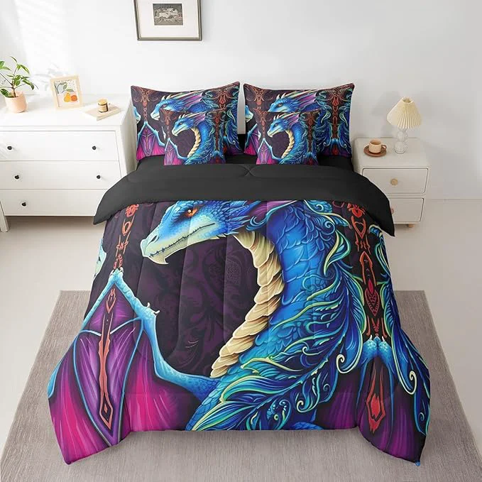 Dependable Erosebridal 3D Dragon 7 Piece Comforter Set Full Bed in a Bag Vintage Gothic Blue Dragon Bedding Sets Antique Wildlife Mythical Animal Sheet Set with Comforter Minimalist