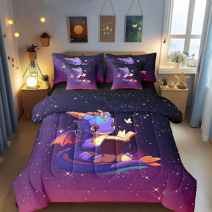 Next-Generation Lovely Dragon Comforter Set 7 Pieces King Size Purple Black Ombre Galaxy Bedding Set for Kids Cartoon Western Dragon Animal Comforter Fitted Flat Sheet 2 Pillowcases 2 Throw Pillow Covers Effective