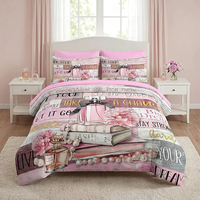 Expertly Made Nesker Comforter Set Twin Size Girly Hot Pink Perfume 5 Pcs Bedding for Kids and Adults Girls Quotes Motivational Book Bed Sheet Sets with Fitted Sheet Pillowcase amp Sham Effective