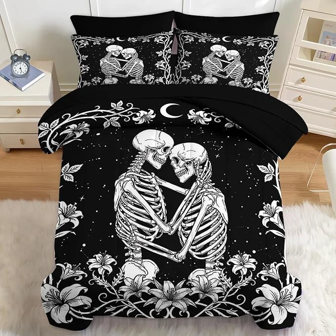 Reliable Nesker Comforter Set King Size Gothic Kissing Skeleton Lover 7 Pcs Bedding for Kids and Adults Rose Black Lovers Black Bed Sheet Sets with Fitted Sheet 2 Pillowcases amp 2 Shams Comfortable