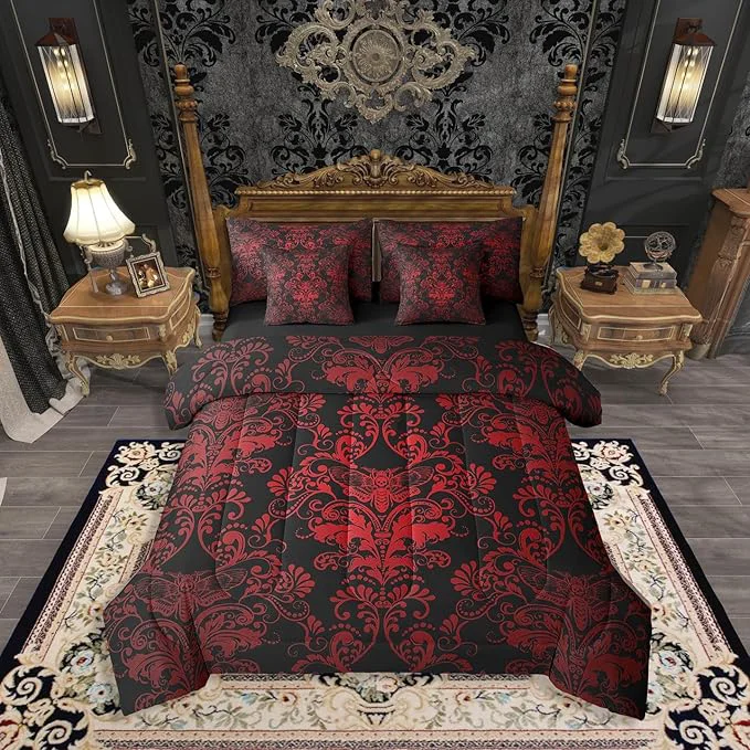 Reliable Erosebridal Gothic Damask Bed in a Bag Queen Comforter Set 7 Piece Exotic Moth Bedding Sets Red Black Victorian Floral Goth Sheet Set with Comforter Relaxed