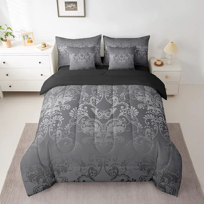 Professional Erosebridal Gothic Damask Bed in a Bag King Size Comforter Set 7 Pieces Butterfly Skull Bedding Sets Silver Gray Victorian Floral Goth Sheet Set with Comforter Smart