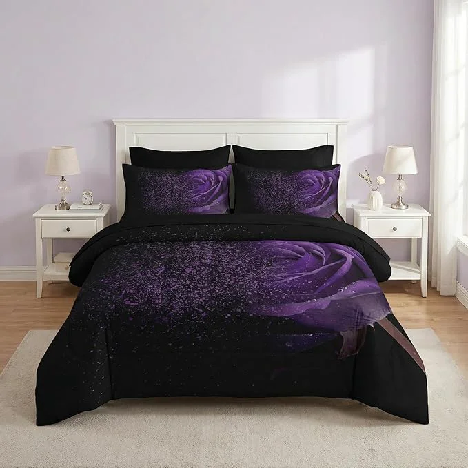 Convenient Nesker Comforter Set Queen Size Purple Rose 7 Pcs Bedding for Kids and Adults Fantasy Dream Flower Bed Sheet Sets with Fitted Sheet 2 Pillowcases amp 2 Shams High-End