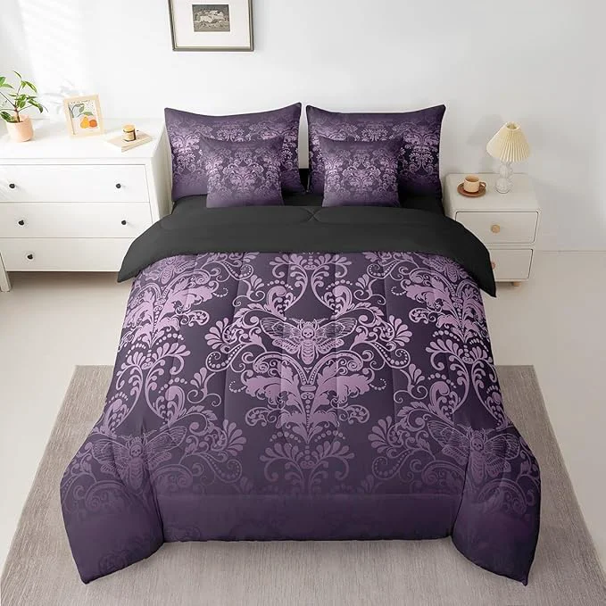 Detailed Erosebridal Gothic Damask 7 Piece Comforter Set Full Bed in a Bag Exotic Moth Bedding Sets Purple Victorian Floral Goth Sheet Set with Comforter Carefully Designed