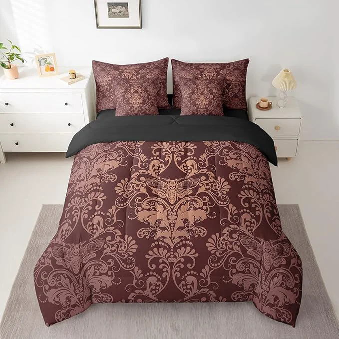 Prestigious Erosebridal Gothic Damask Bed in a Bag King Size Comforter Set 7 Pieces Exotic Moth Bedding Sets Brown Victorian Floral Goth Sheet Set with Comforter World-Class