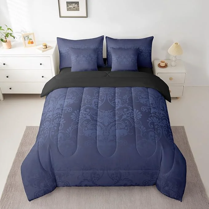Superior Erosebridal Gothic Damask Bed in a Bag King Size Comforter Set 7 Pieces Exotic Moth Bedding Sets Azure Blue Victorian Floral Goth Sheet Set with Comforter Pure