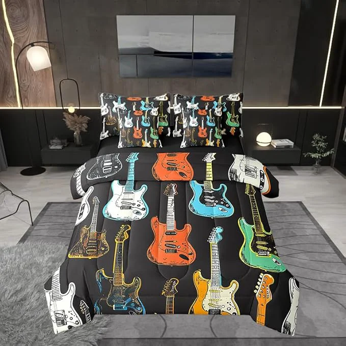 Durable Castle Fairy Sketch Guitar Bass Comforter Set Musical Instrument 7 Piece Bed Set Queen Size for Kids Modern Music Lover Bed in a Bag Bedding Set with Comforter Sheet Set Pillowcases Pillow Covers Sophisticated