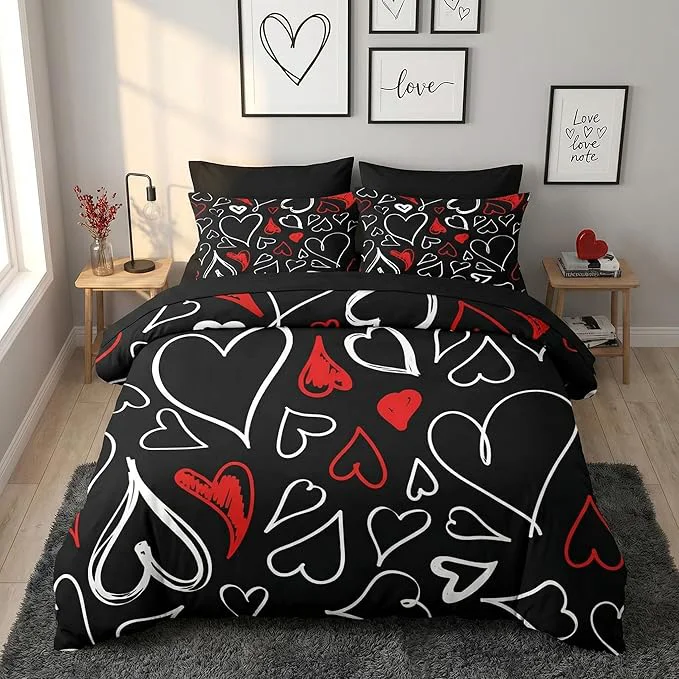 Innovative Nesker Comforter Set King Size Heart Love Red Black 7 Pcs Bedding for Kids and Adults My Happy Valentine Bed Sheet Sets with Fitted Sheet 2 Pillowcases amp 2 Shams Reliable