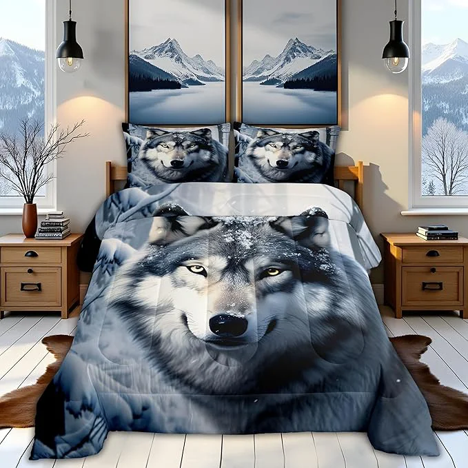 Trusted Castle Fairy Wolf Comforter Set Queen Size Nature Wild Animals Quilt Set 3pcs 3D Print Winter Snow View Bedding Set for Kids Teens Adults Home Decor White Black Microfiber with 2 Pillowcases Enhanced