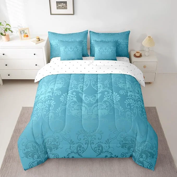 Outstanding Erosebridal Gothic Damask Bed in a Bag King Size Comforter Set 7 Pieces Butterfly Skull Bedding Sets Teal Victorian Floral Goth Sheet Set with Comforter High-Grade