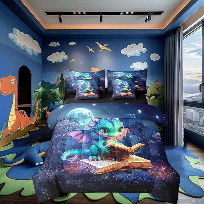 High-Performance Castle Fairy Cartoon Dragon Bedding Set Mysterious Jungle Moon Night Full Comforter Set with Sheets for Kids Boys Girls Teens Room Decor Western Animal Bed in a Bag 7 Piece for Bedroom Living Room Modern