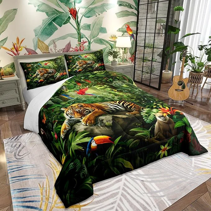 Selected 3D Tiger Comforter Set King Size Monkey Parrot Wild Animals Bedding Set Tropical Palm Tree Jungle Quilt Set for Kids Boys Girls Adult Bedroom Decor Nature Wildlife Theme Duvet Insert 2 Pillowcases High-Grade