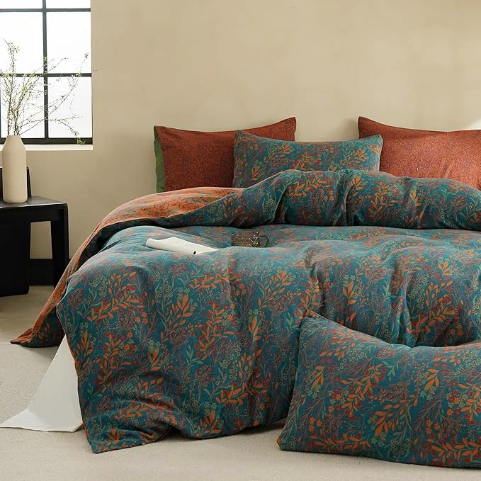 Classic BISELINA Cotton Muslin Duvet Cover Set King 3 Pcs Yarn-Dyed Jacquard Textured Reversible Floral Design Soft and Breathable Bedding Set with Zipper Closure Blue Orange Efficient