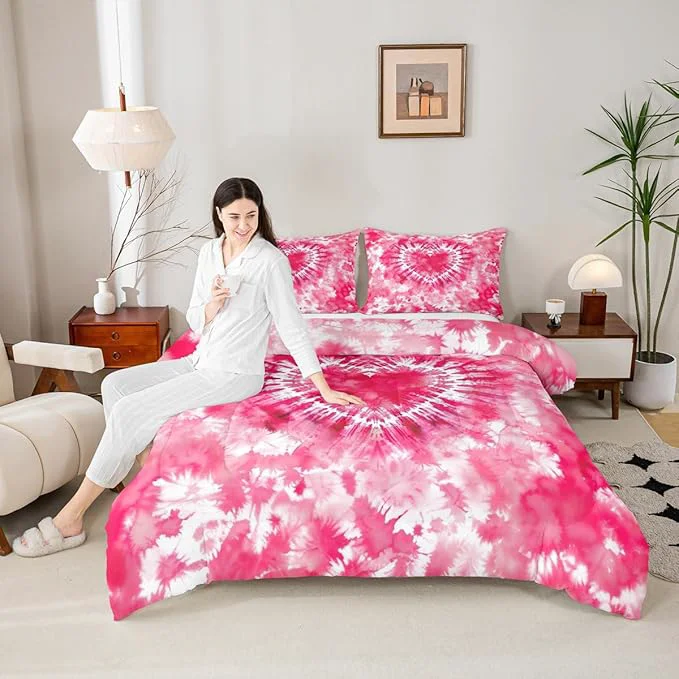 Soft Rose Red Tie Dye Comforter Set Full Size Pink Cute Heart Bedding Set 3pcs for Kids Teens Girls Adults Room Decor Art Graffiti Quilt Set Modern Fashion Duvet Insert with 2 Pillowcases Original