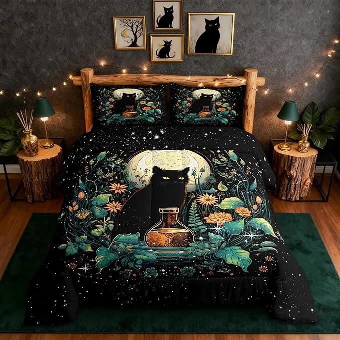 Solid Cute Cat Kids Bedding Set Queen Size Flower Leaves Comforter Set Moon Night Starry Sky Quilt Set for Girls Boys Teens Room Decor Trippy Pet Animals Plant Duvet Insert 2 Pillowcases Black Powerful