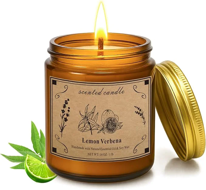 Powerful Scented Candles for Home 16oz Large Jar Scented Candle – Lemon Verbena Soy Wax Enhanced