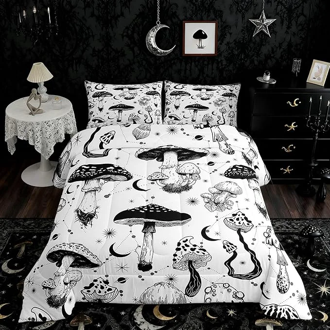 Outstanding Castle Fairy Wild Mushroom Comforter Set King Size Abstract Sun Moon Starry Bedding Set Gothic Plants Quilt Set for Kids Boys Teens Room Decor Black White Sketch Style Duvet Insert with 2 Pillowcases Genuine