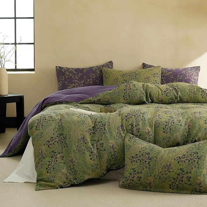 Powerful BISELINA Cotton Muslin Duvet Cover Set Queen 3 Pcs Yarn-Dyed Jacquard Textured Reversible Floral Design Soft and Breathable Bedding Set with Zipper Closure Green Purple Comfortable