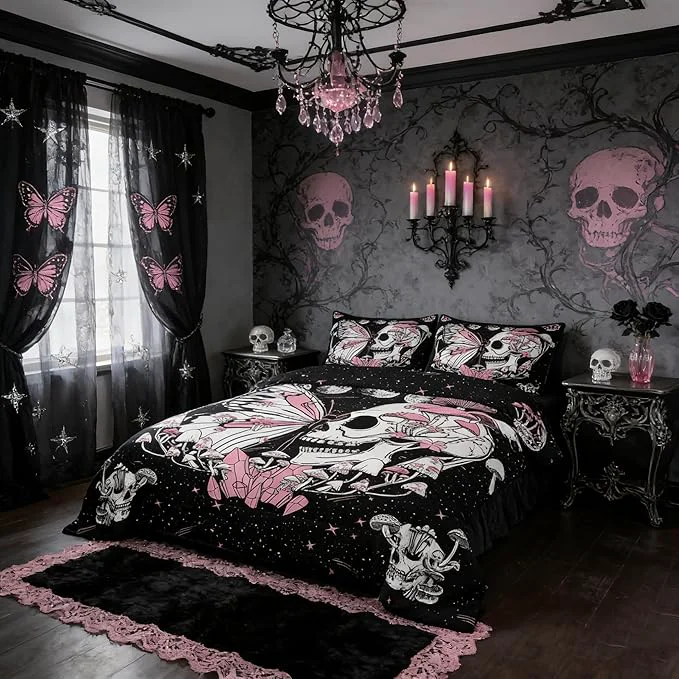 Classic Butterfly Skull Comforter Set Queen Size Pink Mushroom Quilted Duvet Gothic Starry Galaxy Moon Bedding Set 3pcs for Kids Teens Girls Boys Bedroom Decor Trippy Plants Duvet Insert 2 Pillowcases Selected