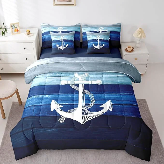 Reusable 7 Pcs Sailing Anchor Bedding Sets Gradient Blue Wooden Stripes Comforter Set for Kids Teens Adults Bed in a Bag Comforter Flat Sheet Fitted Sheet 2 Pillowcases 2 Pillow Covers Queen Size Soft