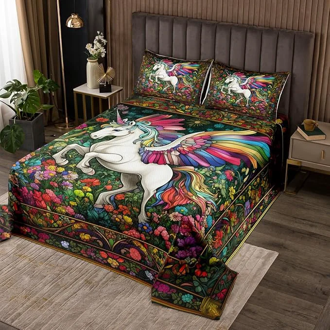 Fine Crafted Cartoon Unicorn Wing Kids Bedspread Twin Size Daisy Flowers Leaves Rustic Coverlet Set Boys Girls Room Decor Tale Castle Animal Boho Quilted Coverlet Watercolor Retro Bedding Quilt 1 Pillowcase Relaxed
