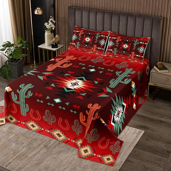 Dependable Geometric Aztec Bedspread King Size Western Cowboy Cactus Horseshoe Rustic Coverlet Set Boys Girls Room Decor Southwest Tribal Cabin Quilted Coverlet Farmhouse Retro Bedding Quilt 2 Pillowcases Authentic
