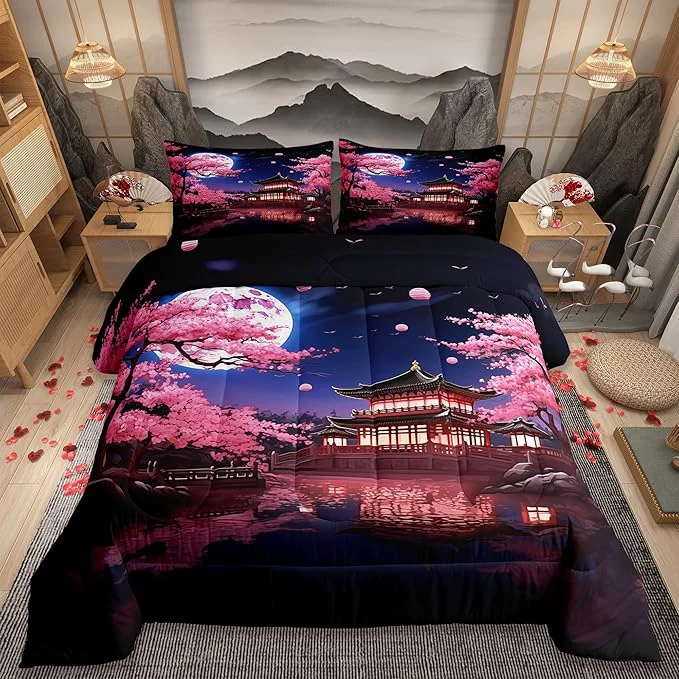 Easy-to-Use Pink Cherry Blossoms Comforter Set Queen Size Japanese Style Building View Bedding Set for Kids Girls Women Men Bedroom Decor Night Moon Quilt Set Romantic Exotic Duvet Insert 2 Pillowcases Enhanced