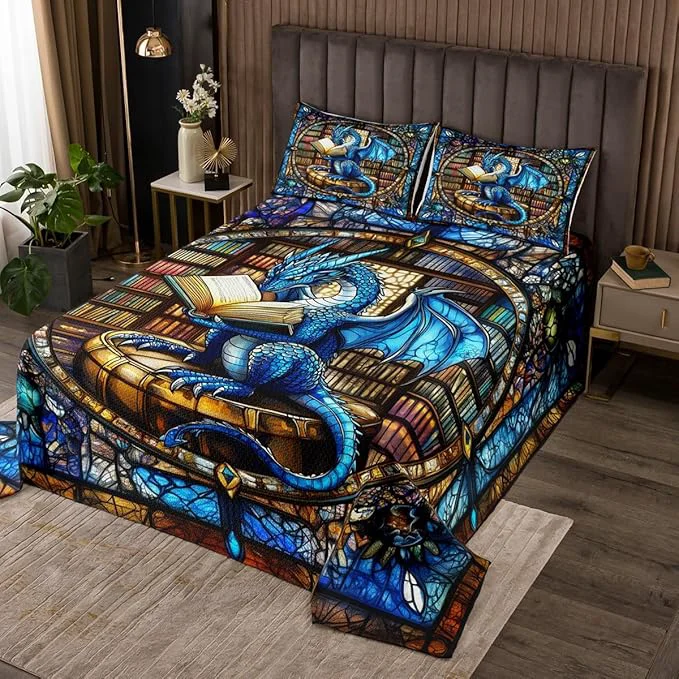 Efficient Western Dragon Kids Bedspread Queen Size Blue Dragon Reading Book Bookshelf Coverlet Set Boys Girls Room Decor Geometric Patchwork Abstract Quilted Coverlet Trippy Chic Bedding Quilt 2 Pillowcases Environmentally Friendly
