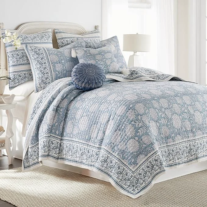 Organic Levtex Home Adare Blue Reversible Full Queen Quilt Set 88x92in with 2 Pillow Shams 26x20in – Floral Bedding – Blue White – Cotton Full Queen Size Quilt Bedding Set – Lightweight Soft Pre-Washed Smart