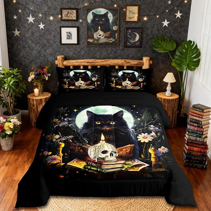 Relaxed Kids Cat Bedding Set Sugar Skull Crow and Daisy Flower Garden Comforter Set for Teens Girls Boys Adult Bedroom Decor Black Pet Cat Plants Quilt Set Moon Night Stars Print Duvet Insert 2Pcs Premium Material