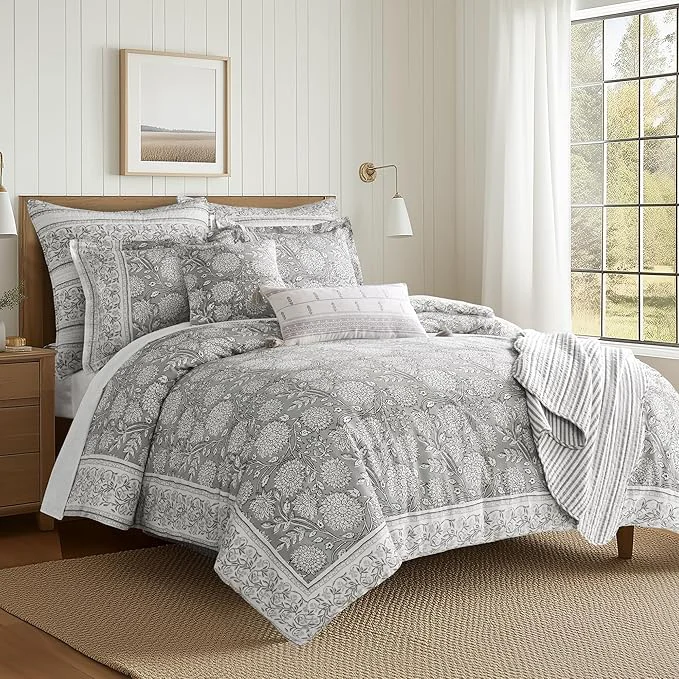 Superior Levtex Home Adare Grey Reversible Full Queen Comforter Set 90x94in with 2 Pillowcases 26x20in – Floral Bedding – Grey and White – Cotton Full Queen Size Comforter Set – Soft Pre-Washed Genuine