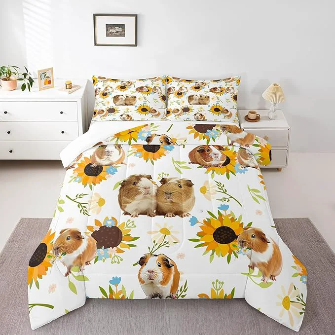 Top-Quality Castle Fairy Guinea Pig Comforter Set Twin Size Sunflower Floral Leaves Botanical Bedding Set 2Pcs for Kids Girls Boys Adult Room Decor Cute Pet Animals Quilt Set White Soft Duvet Insert 1 Pillowcase Clean