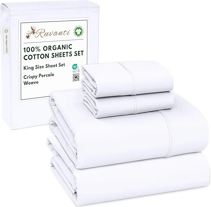 Solid RUVANTI Organic Cotton Sheets King Size Percale Weave GOTS 4-Piece Set Deep Pocket 15 quot Crisp amp Breathable Soft Durable Bedding Sábanas Algodón Orgánico – Bright White Premium Material