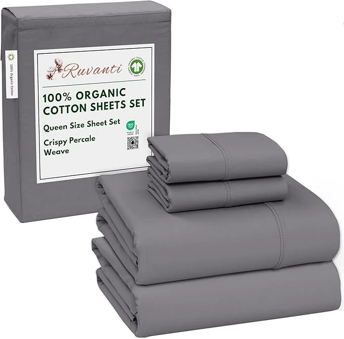 Original RUVANTI Organic Cotton Sheets Queen Size Percale Weave GOTS 4-Piece Set Deep Pocket 15 quot Crisp amp Breathable Soft Durable Bedding Sábanas Algodón Orgánico – Silver Filigree Efficient