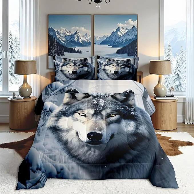 Green Castle Fairy Wolf Comforter Set Full Size Nature Wild Animals Quilt Set 3pcs 3D Print Winter Snow View Bedding Set for Kids Teens Adults Home Decor White Black Microfiber with 2 Pillowcases Fast