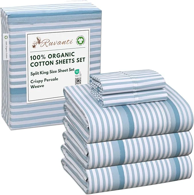 Classic RUVANTI Organic Cotton Sheets Split King Percale Weave GOTS 5-Piece Set Deep Pocket 15 quot Crisp amp Breathable Soft Durable Bedding Sábanas Algodón Orgánico – Nautical Stripes First-Class