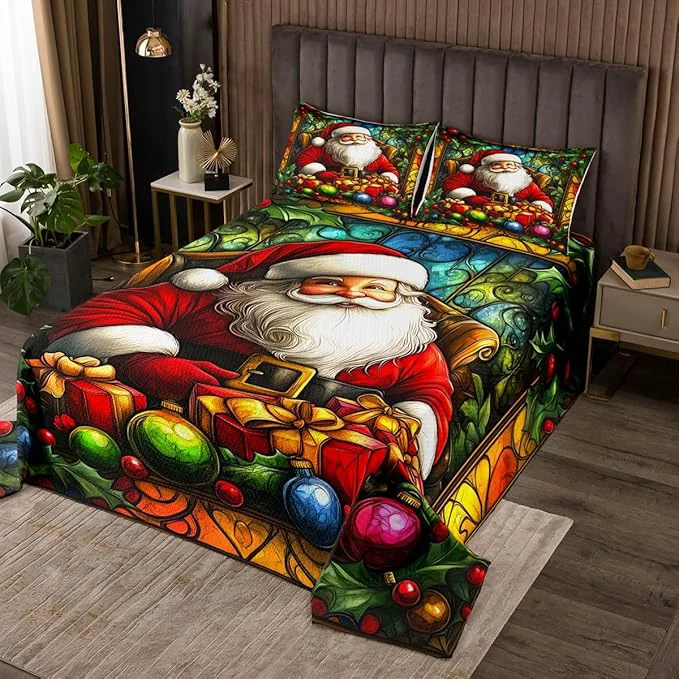 User-Friendly Santa Claus Kids Bedspread King Size Merry Christmas Happy New Year Xmas Coverlet Set Boys Girls Room Decor Flowers Leaves Rustic Farmhouse Quilted Coverlet Red Retro Bedding Quilt 2 Pillowcases Sophisticated