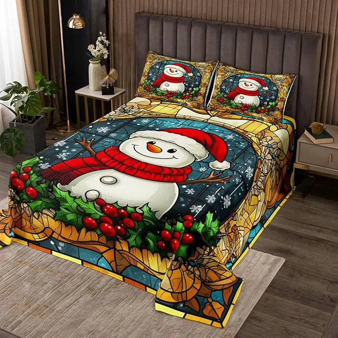 Long-Lasting Cartoon Snowman Kid Bedspread Queen Size Merry Christmas Happy New Year Snowflake Coverlet Set Boys Girls Room Decor Poinsettia Flower Plaids Quilted Coverlet Xmas Cute Bedding Quilt 2 Pillowcases Modern