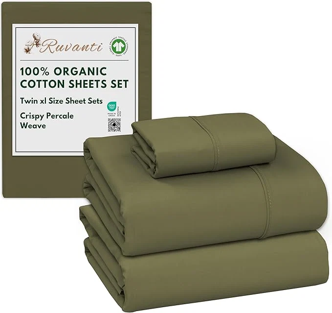 Genuine RUVANTI Organic Cotton Sheets Twin XL Percale Weave GOTS 3-Piece Set Deep Pocket 15 quot Crisp amp Breathable Soft Durable Bedding Sábanas Algodón Orgánico – Olive High-Quality