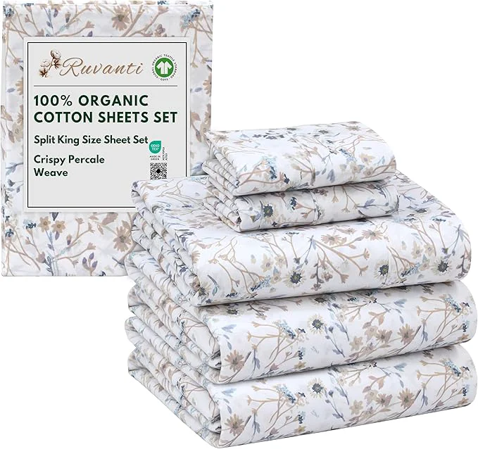 Elegant RUVANTI Organic Cotton Sheets Split King Percale Weave GOTS 5-Piece Set Deep Pocket 15 quot Crisp amp Breathable Soft Durable Bedding Sábanas Algodón Orgánico – Tranquil Trendy
