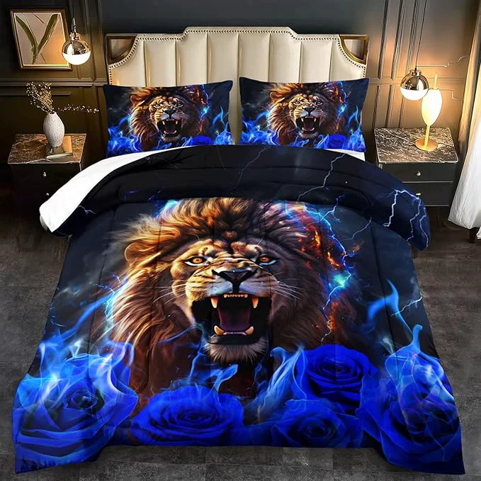Reliable Lion Blue Comforter Set King Lion Bedding Set Boys Animal Print Comforter Bedroom Decor for Home Vintage Floral Quilt Blue Flower Bedding Adult Tiger Quilt Bed Decor Teen Smooth